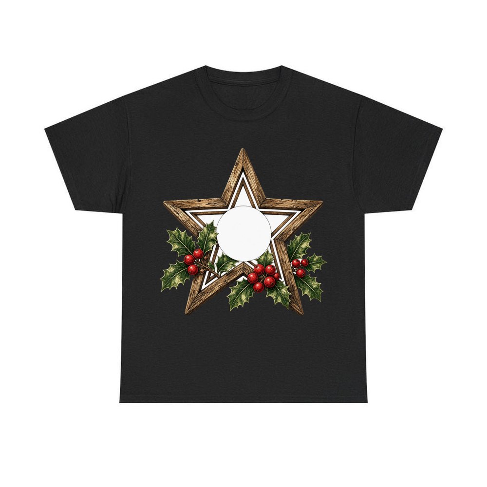 Rustic Wooden Star with Holly personalised Christmas T-shirt in black