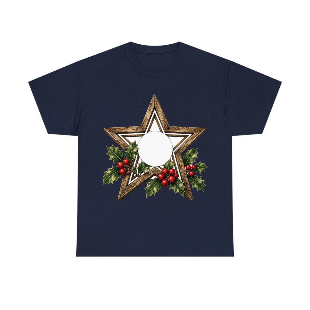 Rustic Wooden Star with Holly personalised Christmas T-shirt in navy