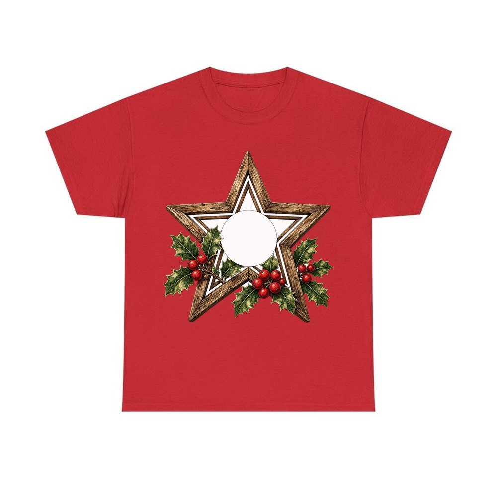 Rustic Wooden Star with Holly personalised Christmas T-shirt in red