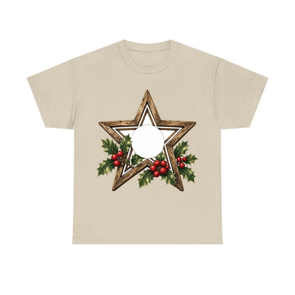 Rustic Wooden Star with Holly personalised Christmas T-shirt in sand