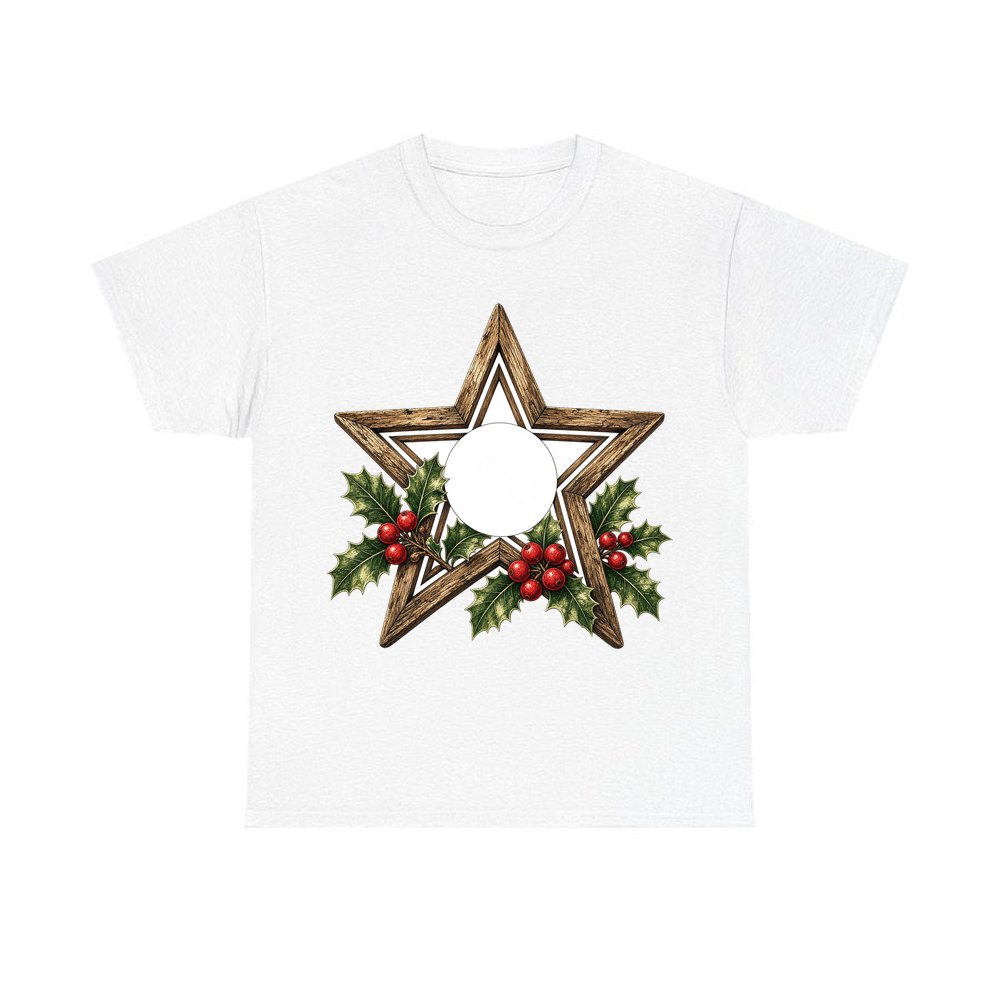 Rustic Wooden Star with Holly personalised Christmas T-shirt in white