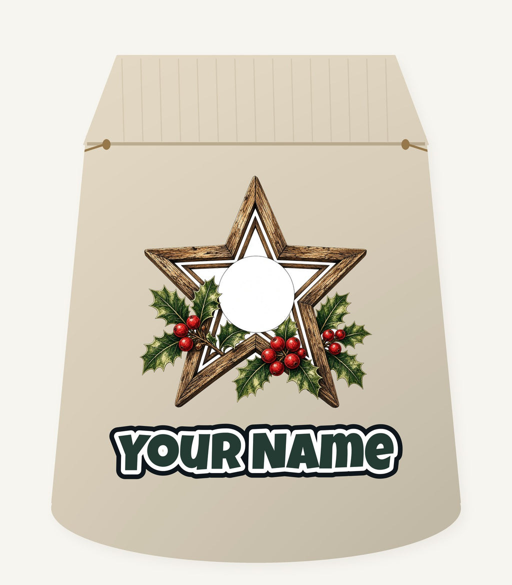 Rustic Wooden Star with Holly Personalised Santa Sack
