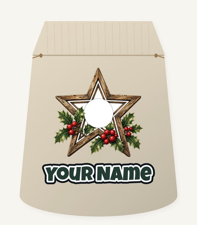Rustic Wooden Star with Holly Personalised Santa Sack