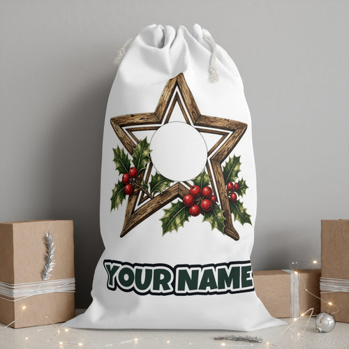 Rustic Wooden Star with Holly personalised Santa sack, white, with the name printed under the artwork
