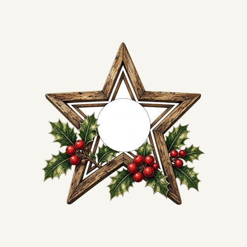 Rustic Wooden Star with Holly Christmas artwork, the design printed on the personalised Santa sack