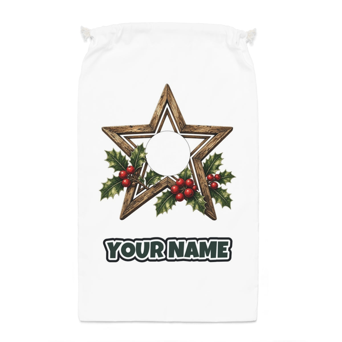 Rustic Wooden Star with Holly Santa sack laid flat, showing the full print