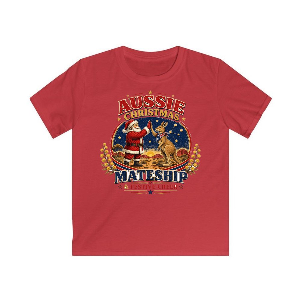 Santa And Kangaroo Mateship personalised kids Christmas tee in red
