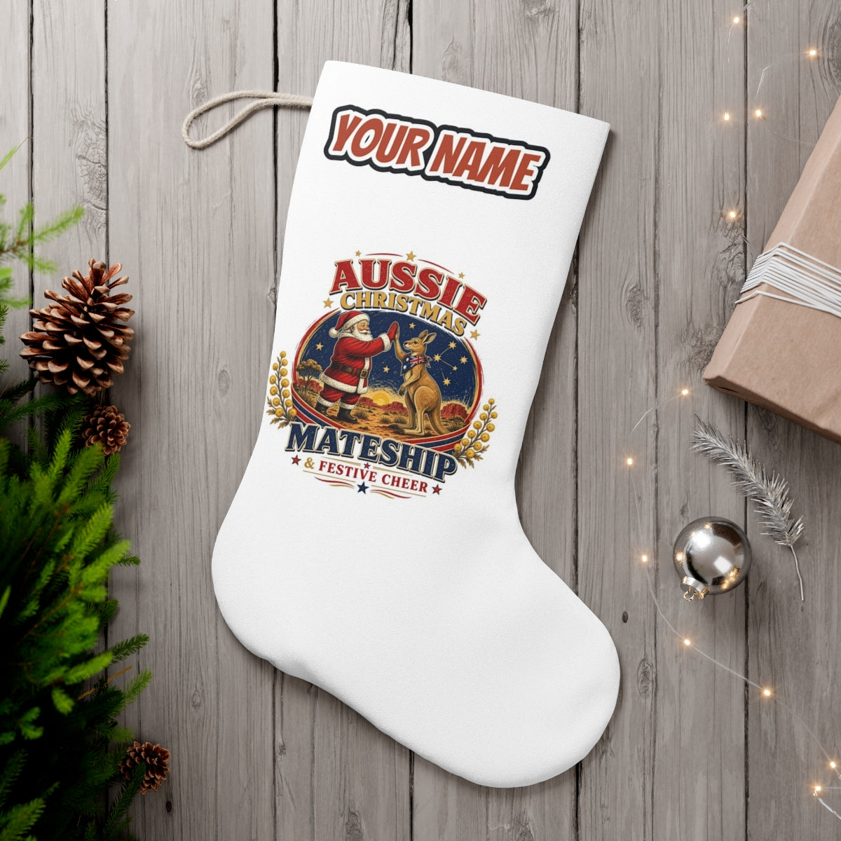 Santa And Kangaroo Mateship personalised Christmas stocking, white, with the name across the top