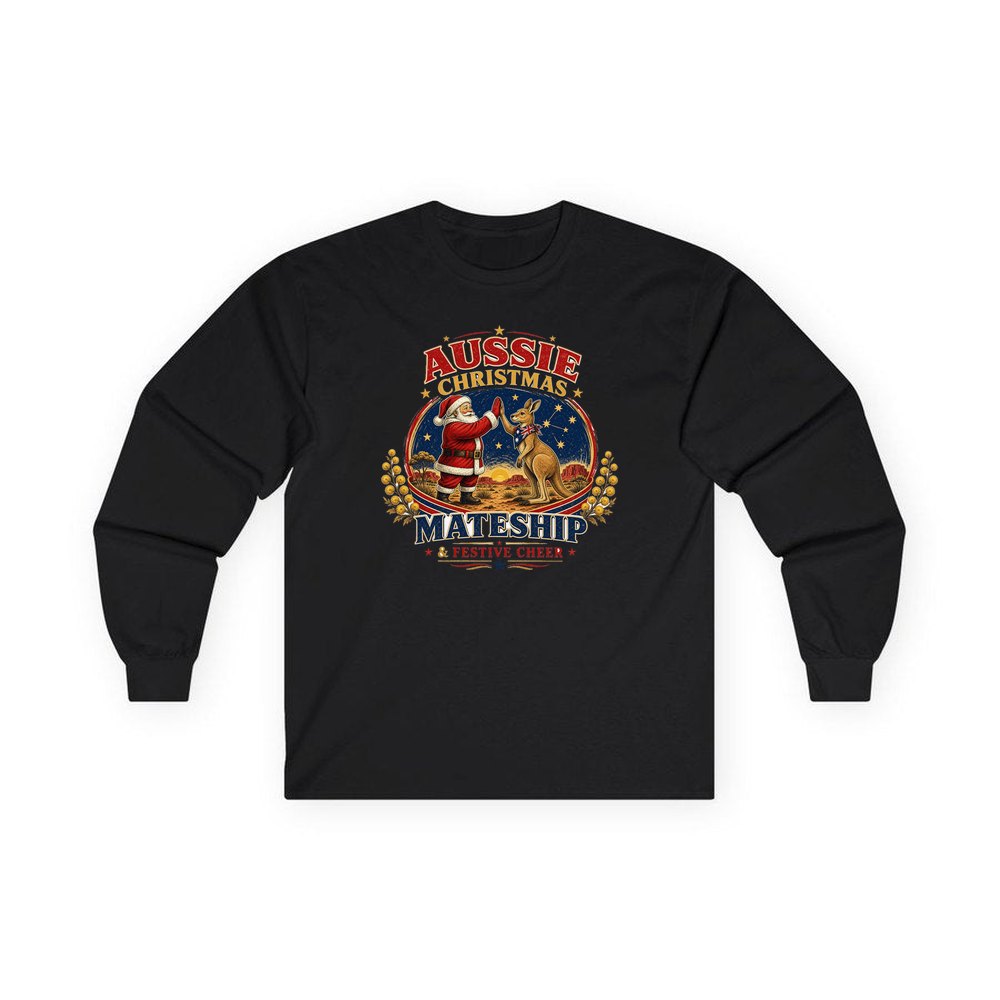 Santa And Kangaroo Mateship personalised long sleeve Christmas T-shirt in black