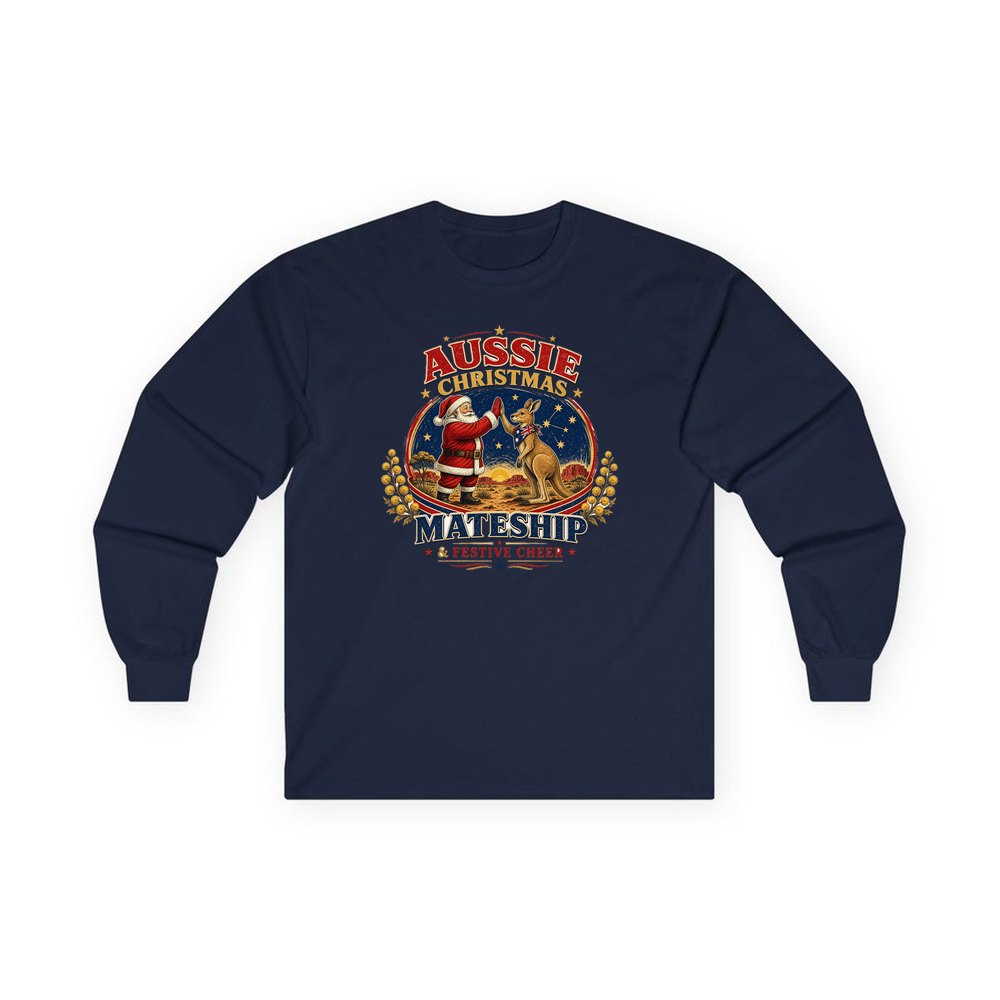 Santa And Kangaroo Mateship personalised long sleeve Christmas T-shirt in navy