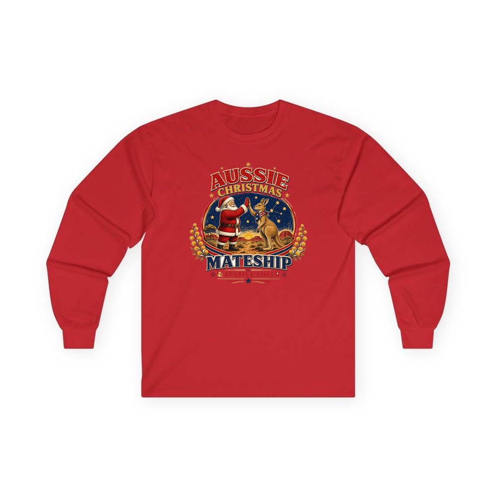 Santa And Kangaroo Mateship personalised long sleeve Christmas T-shirt in red