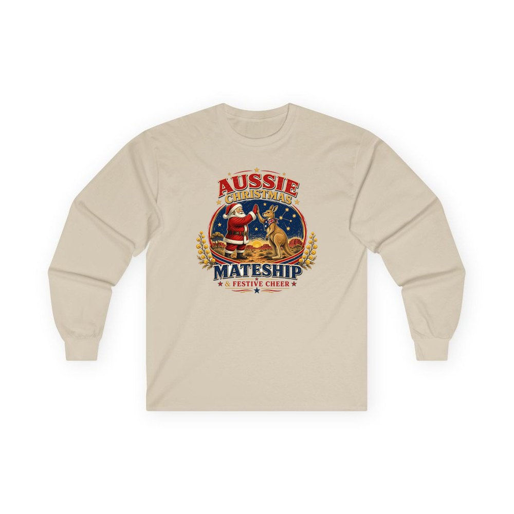 Santa And Kangaroo Mateship personalised long sleeve Christmas T-shirt in sand