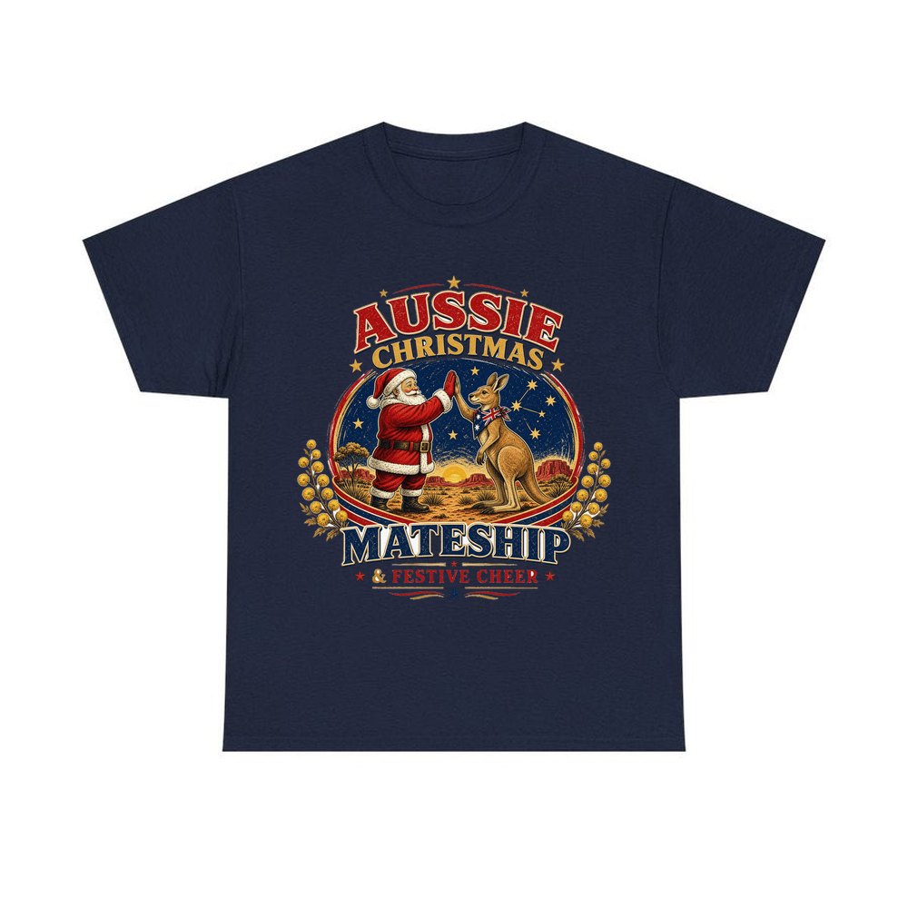 Santa And Kangaroo Mateship personalised Christmas T-shirt in navy