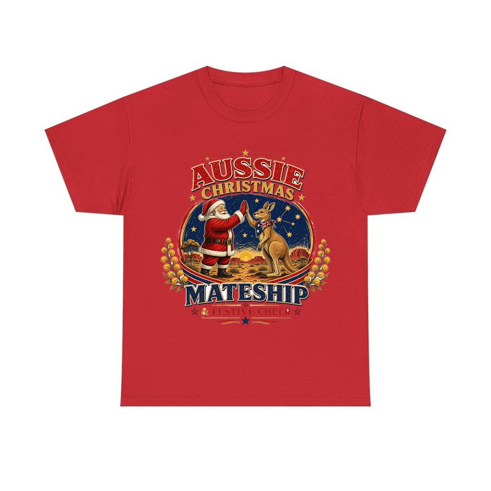 Santa And Kangaroo Mateship personalised Christmas T-shirt in red