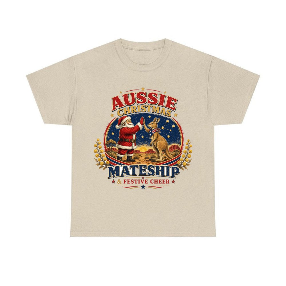 Santa And Kangaroo Mateship personalised Christmas T-shirt in sand