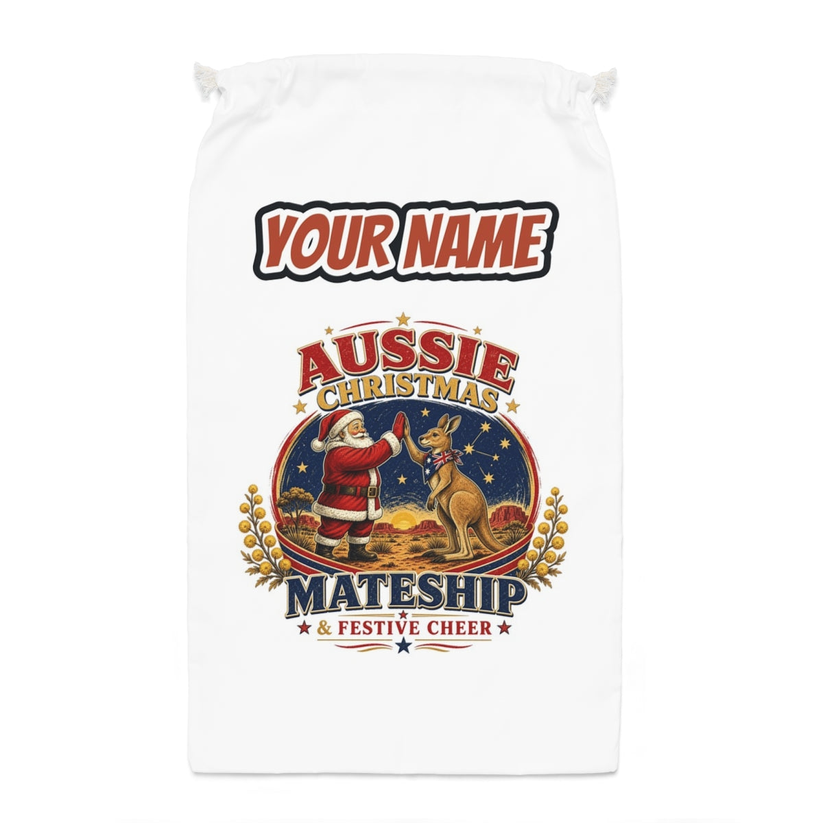 Santa And Kangaroo Mateship Santa sack laid flat, showing the full print