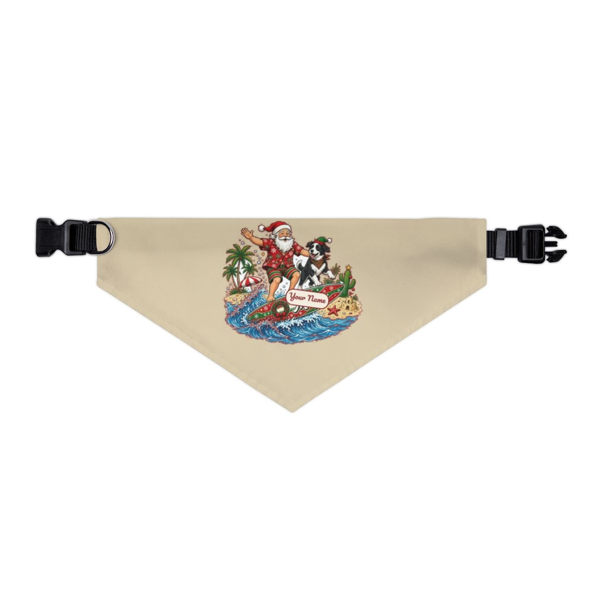 Santa and the Dog on Tour personalised Christmas pet bandana in beige, collar with buckle