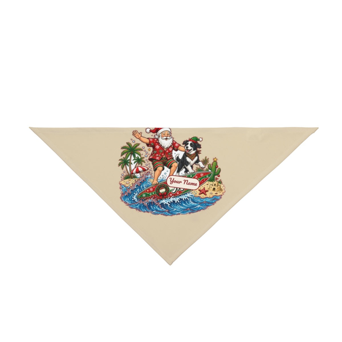 Santa and the Dog on Tour personalised Christmas pet bandana in beige, tie-on style
