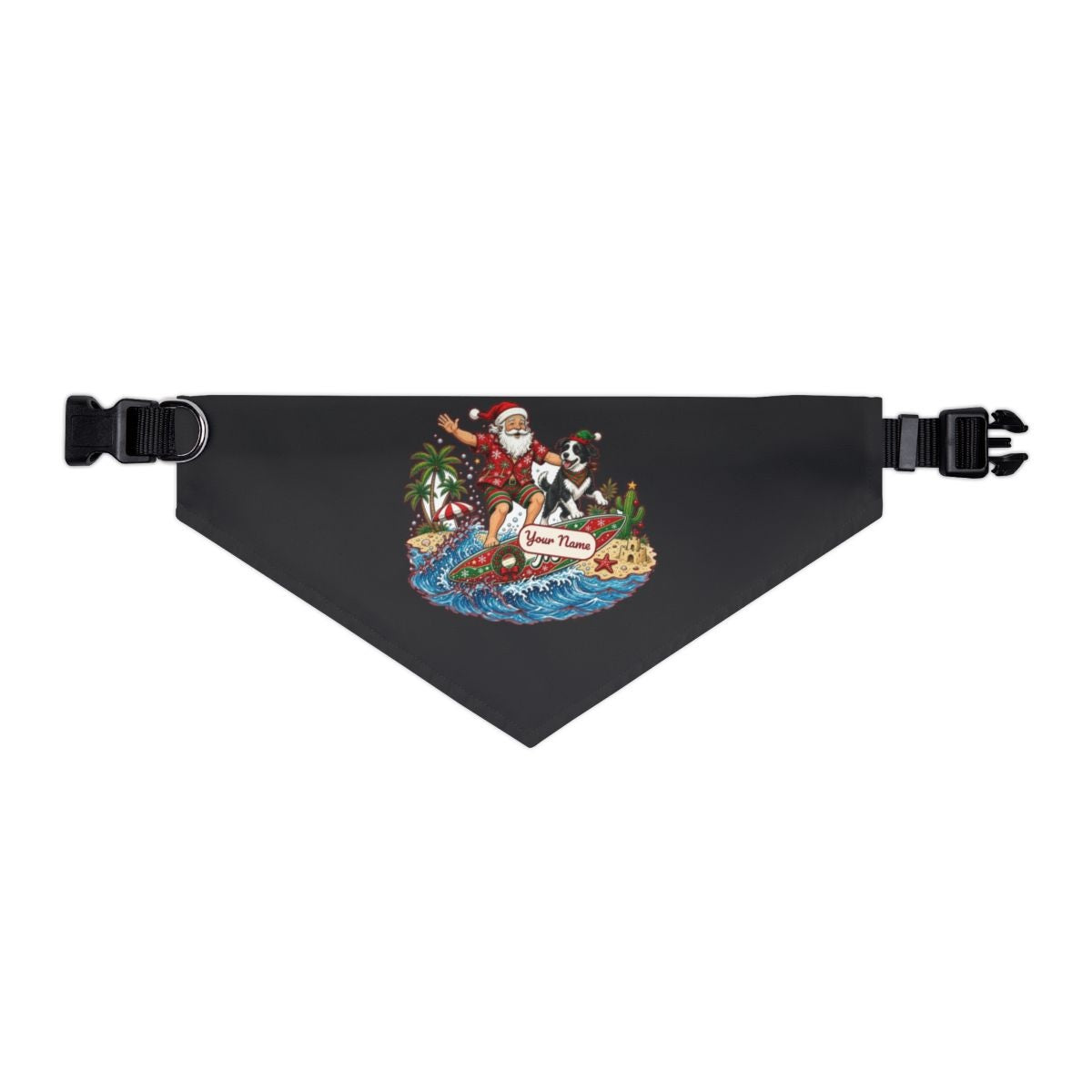 Santa and the Dog on Tour personalised Christmas pet bandana in black, collar with buckle