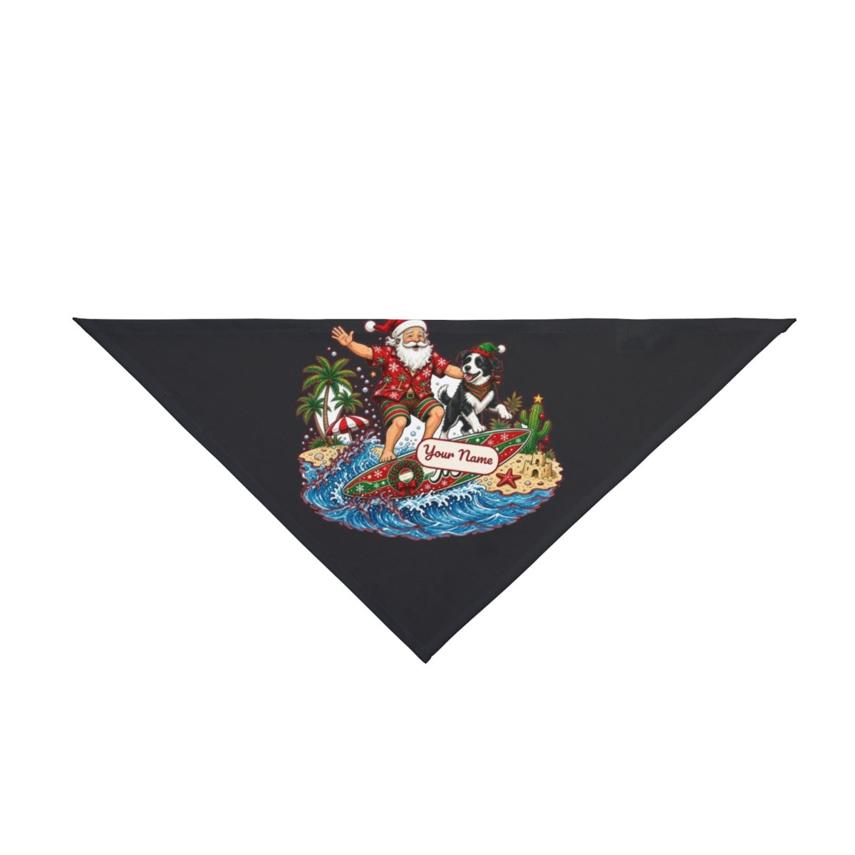 Santa and the Dog on Tour personalised Christmas pet bandana in black, tie-on style