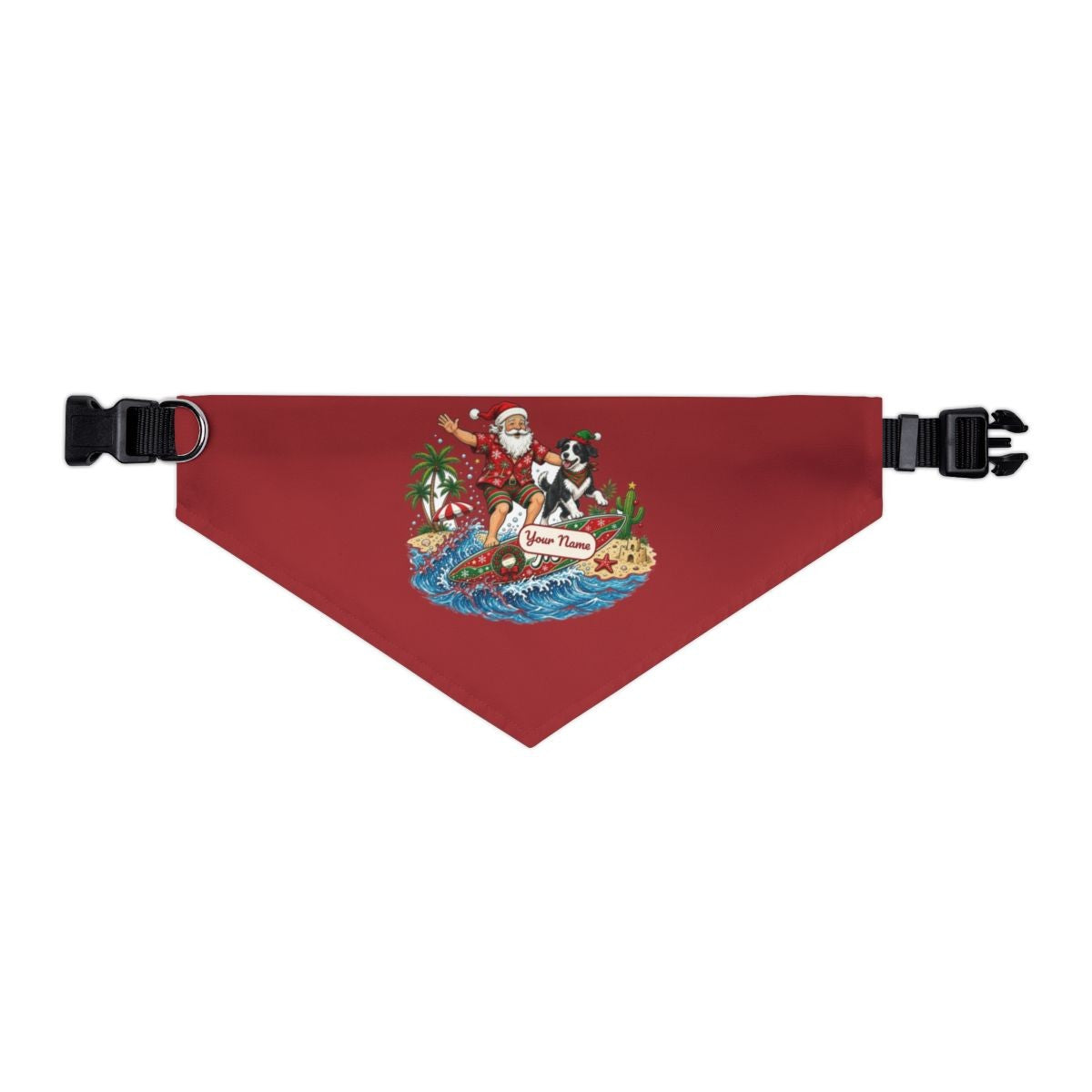 Santa and the Dog on Tour personalised Christmas pet bandana in red, collar with buckle