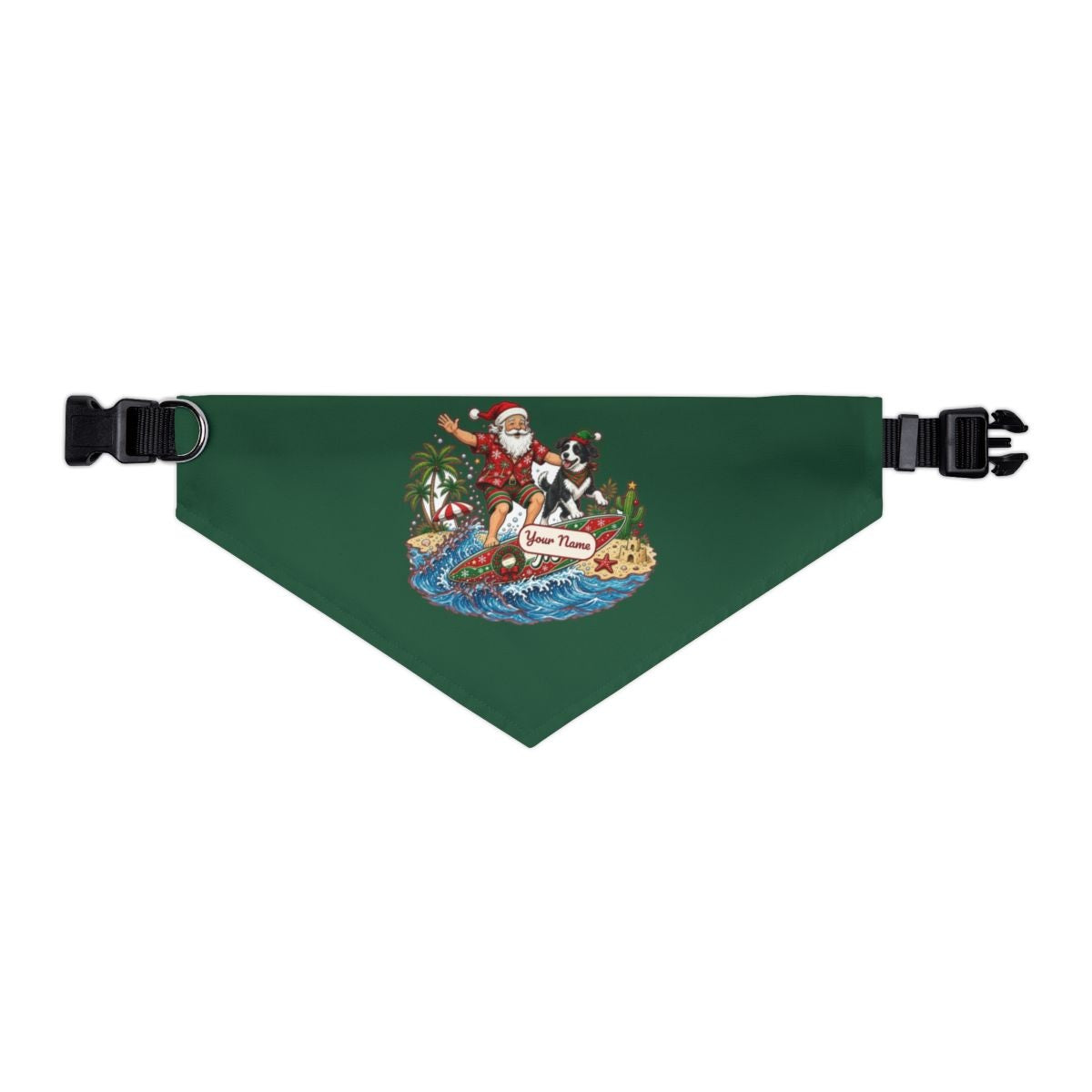 Santa and the Dog on Tour personalised Christmas pet bandana in green, collar with buckle