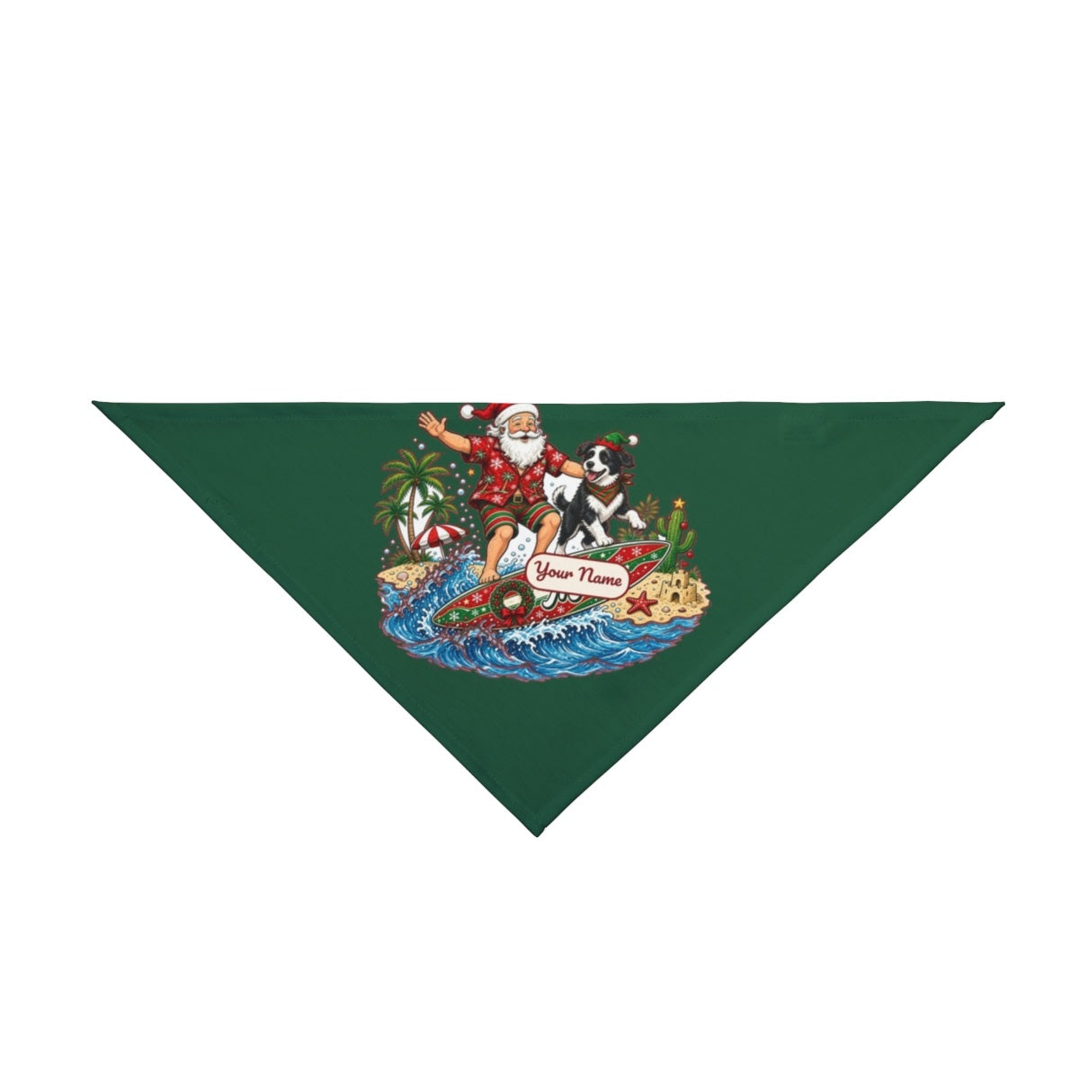Santa and the Dog on Tour personalised Christmas pet bandana in green, tie-on style