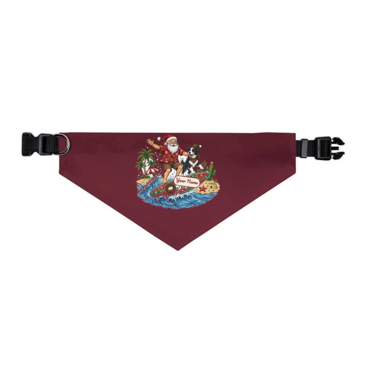 Santa and the Dog on Tour personalised Christmas pet bandana in maroon, collar with buckle