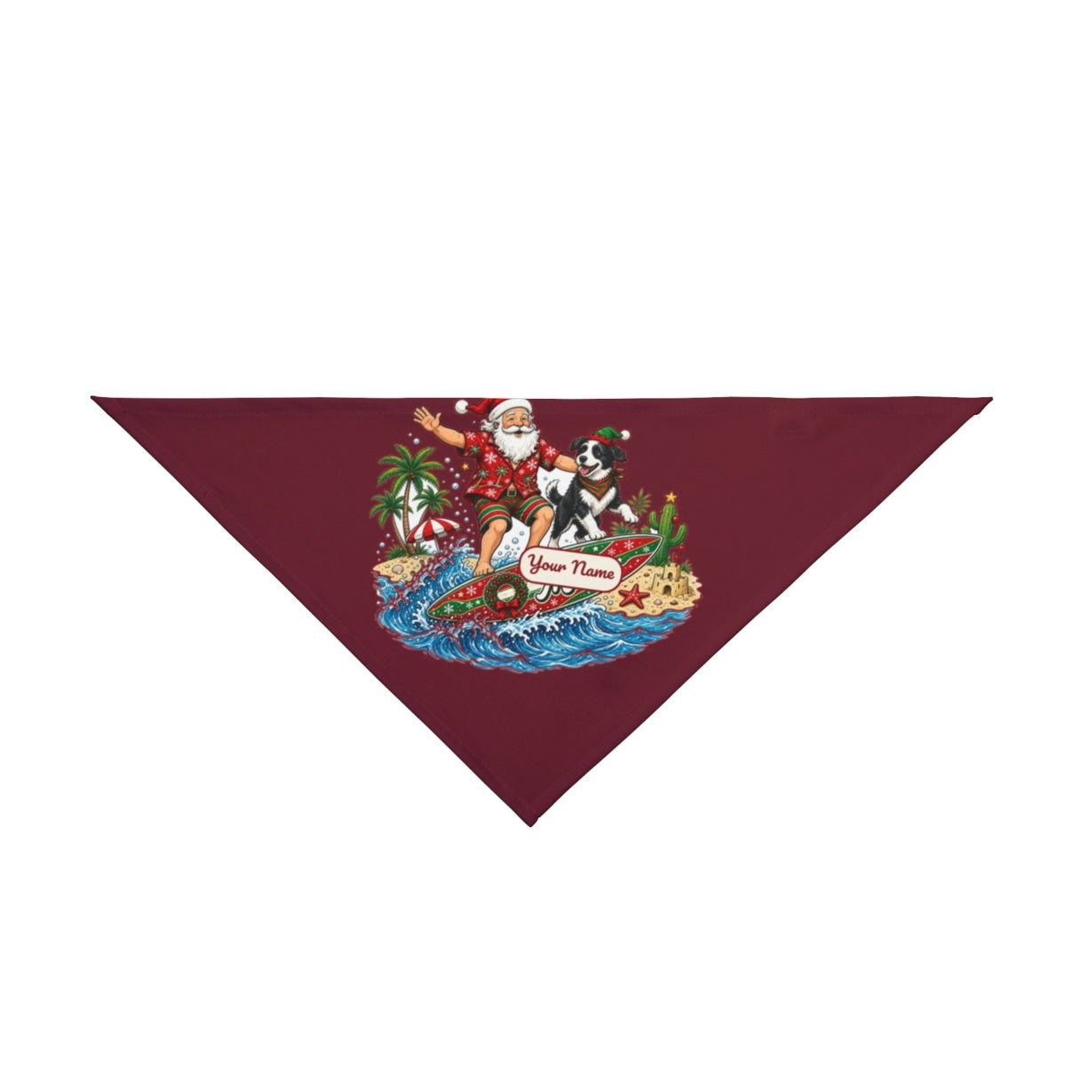 Santa and the Dog on Tour personalised Christmas pet bandana in maroon, tie-on style