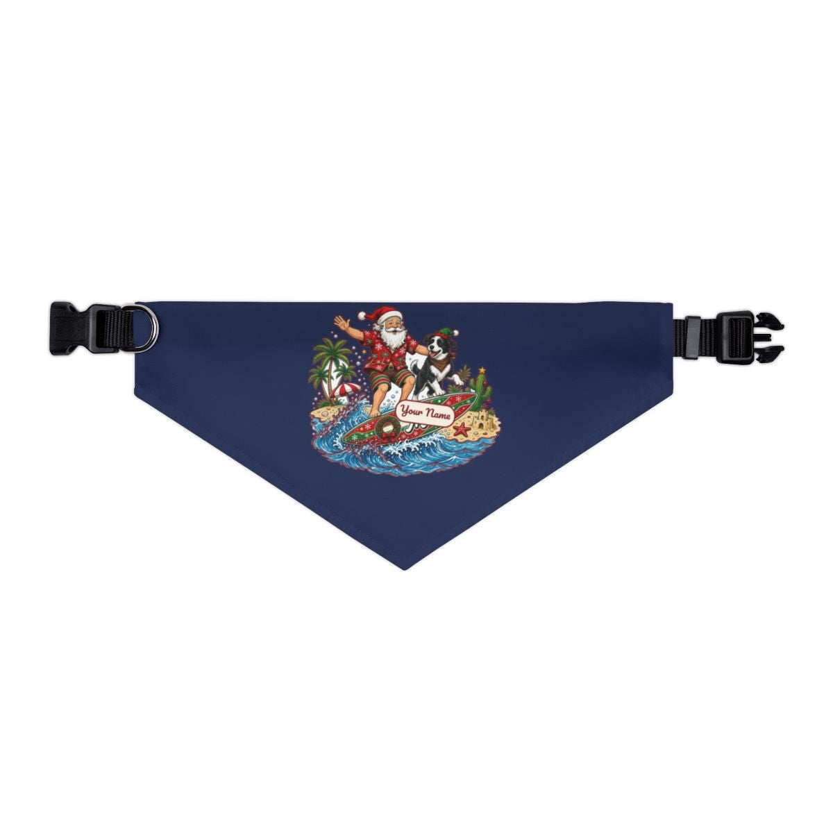 Santa and the Dog on Tour personalised Christmas pet bandana in navy, collar with buckle