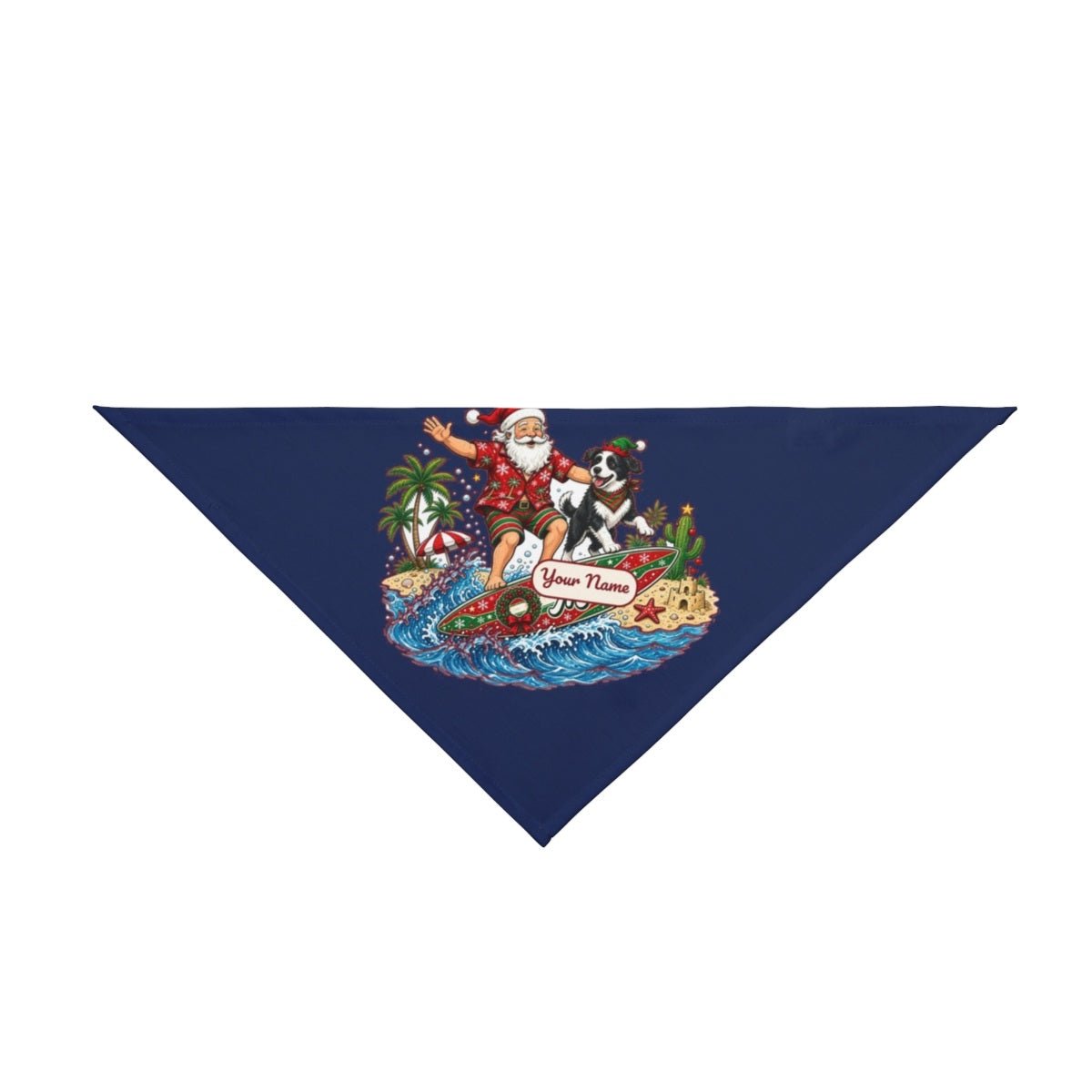 Santa and the Dog on Tour personalised Christmas pet bandana in navy, tie-on style