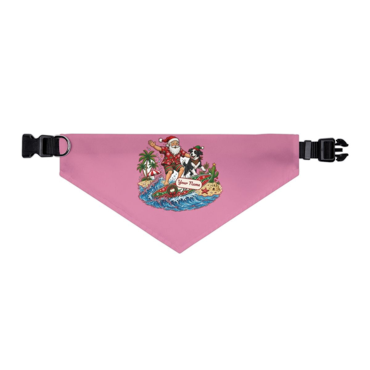 Santa and the Dog on Tour personalised Christmas pet bandana in pink, collar with buckle