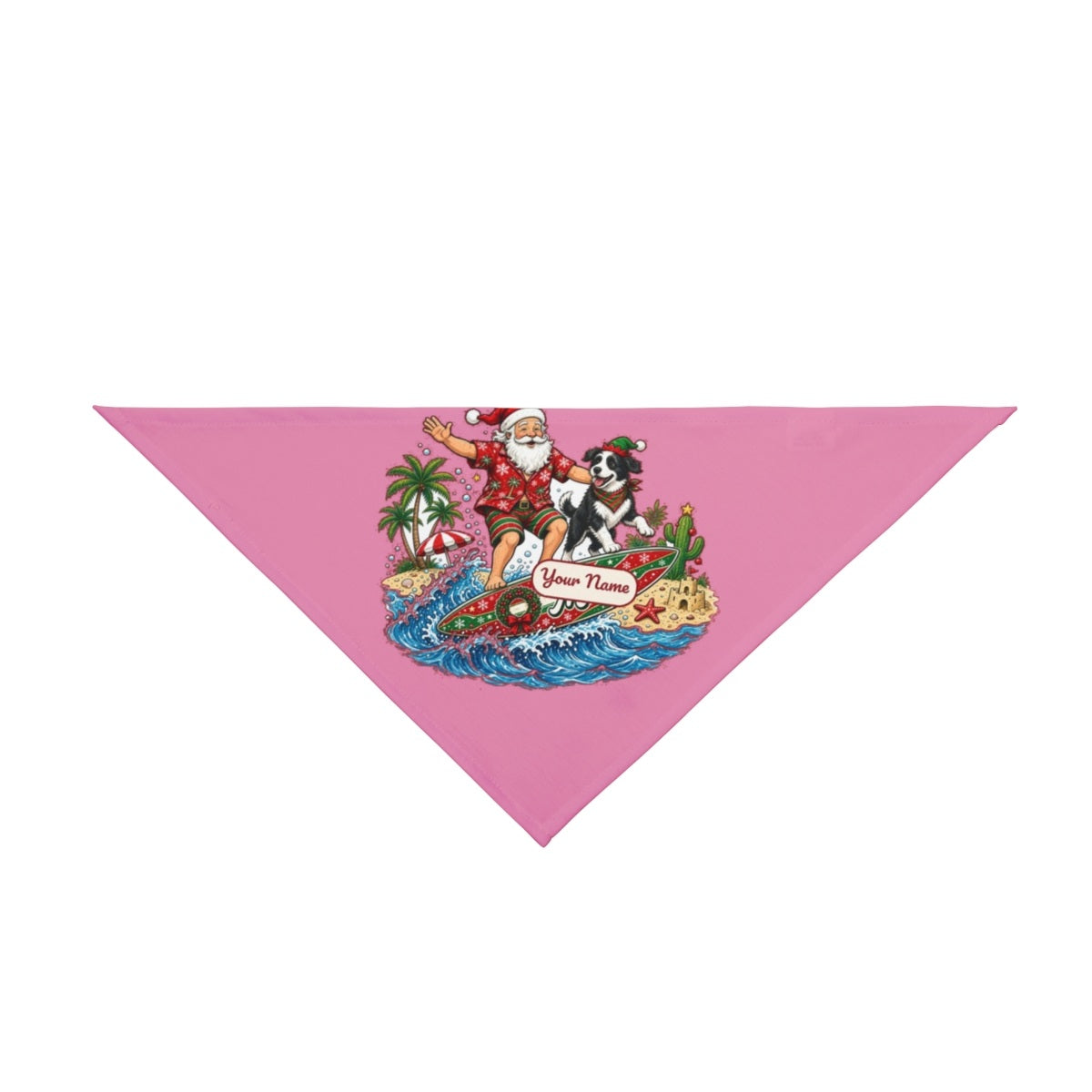 Santa and the Dog on Tour personalised Christmas pet bandana in pink, tie-on style