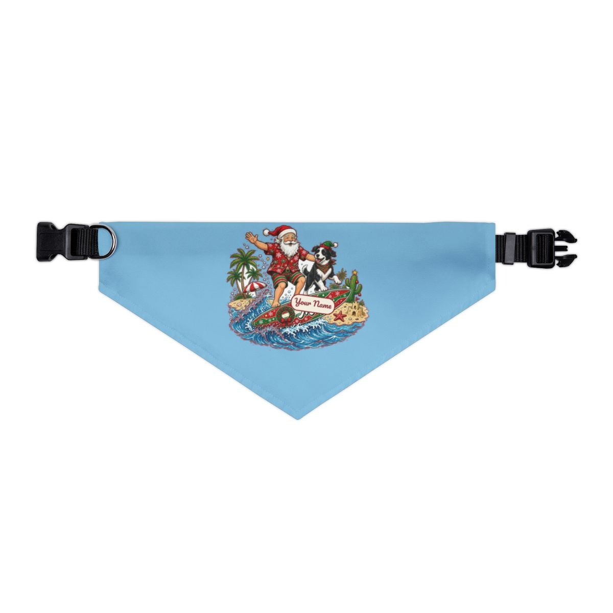 Santa and the Dog on Tour personalised Christmas pet bandana in sky blue, collar with buckle