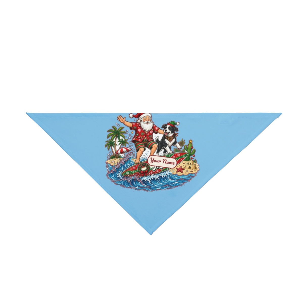 Santa and the Dog on Tour personalised Christmas pet bandana in sky blue, tie-on style