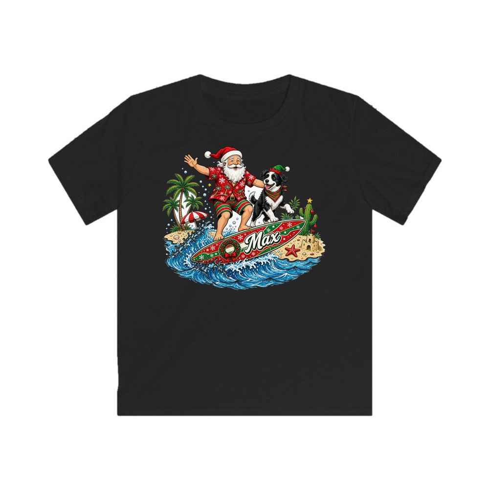 Santa and the Dog on Tour personalised kids Christmas tee in black