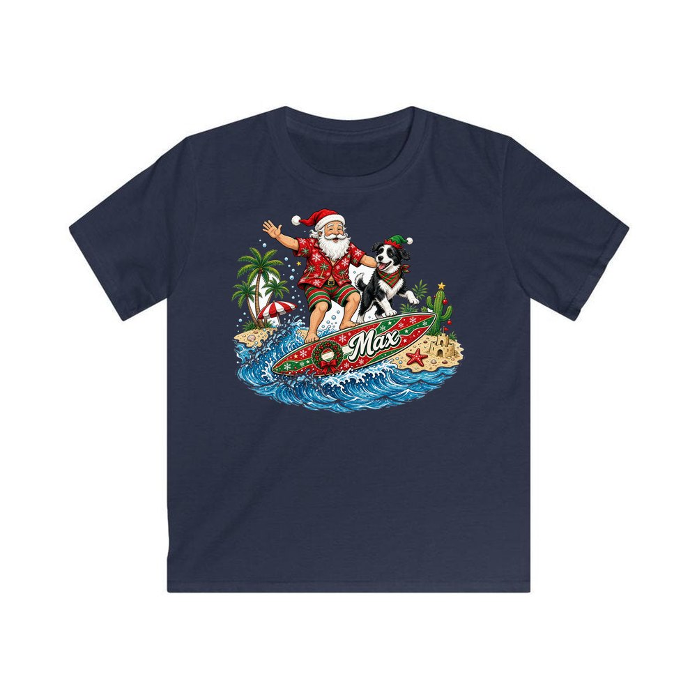 Santa and the Dog on Tour personalised kids Christmas tee in navy