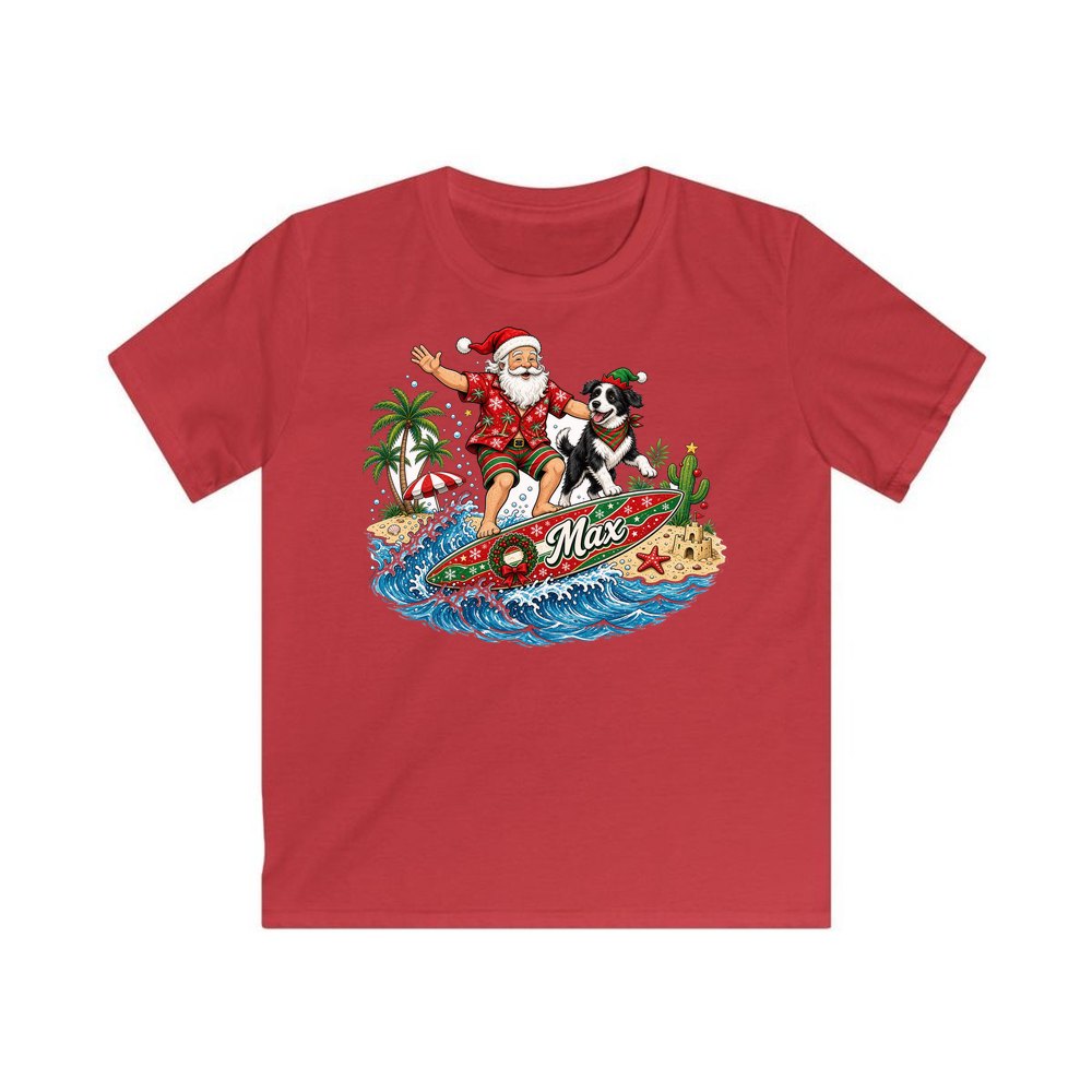 Santa and the Dog on Tour personalised kids Christmas tee in red