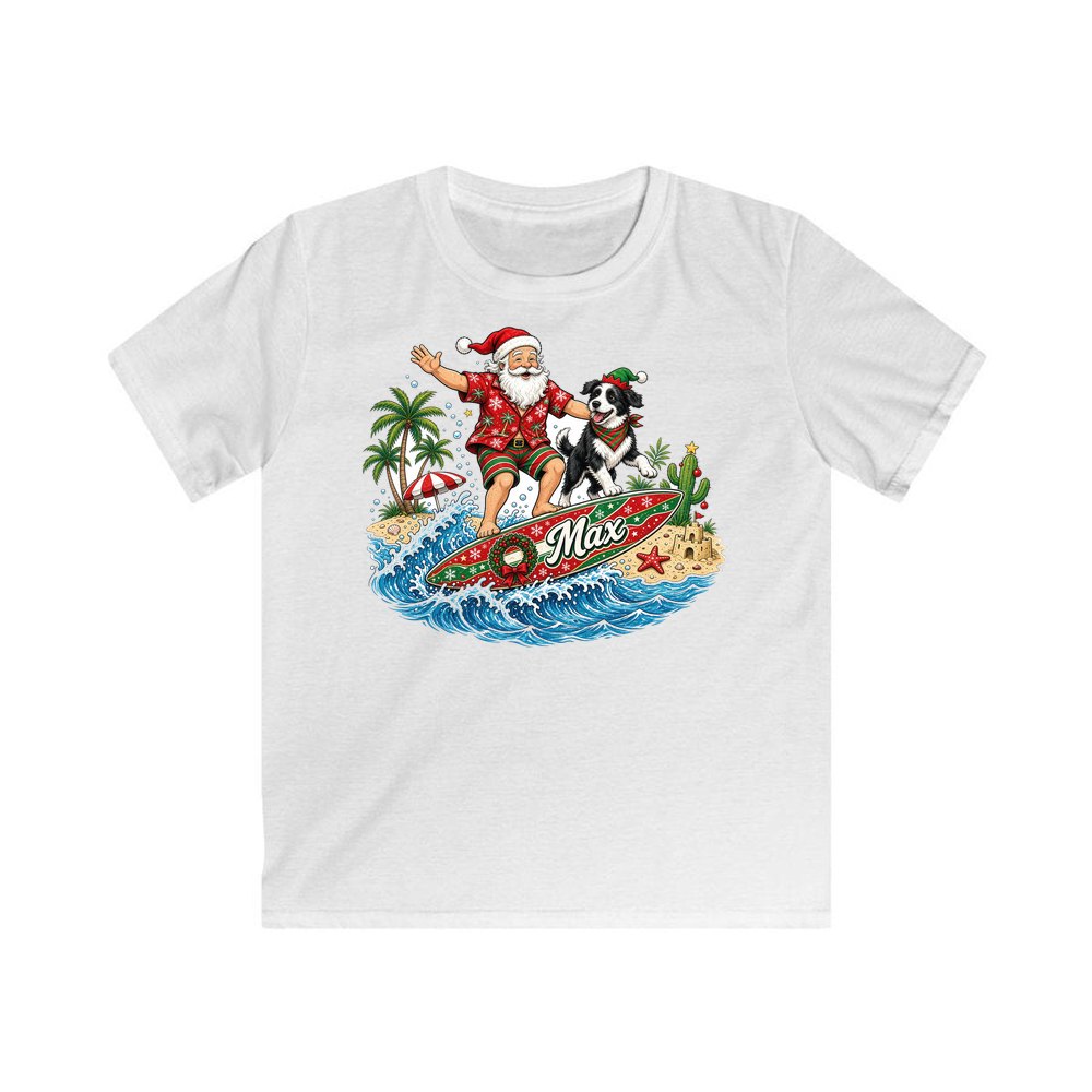 Santa and the Dog on Tour personalised kids Christmas tee in white