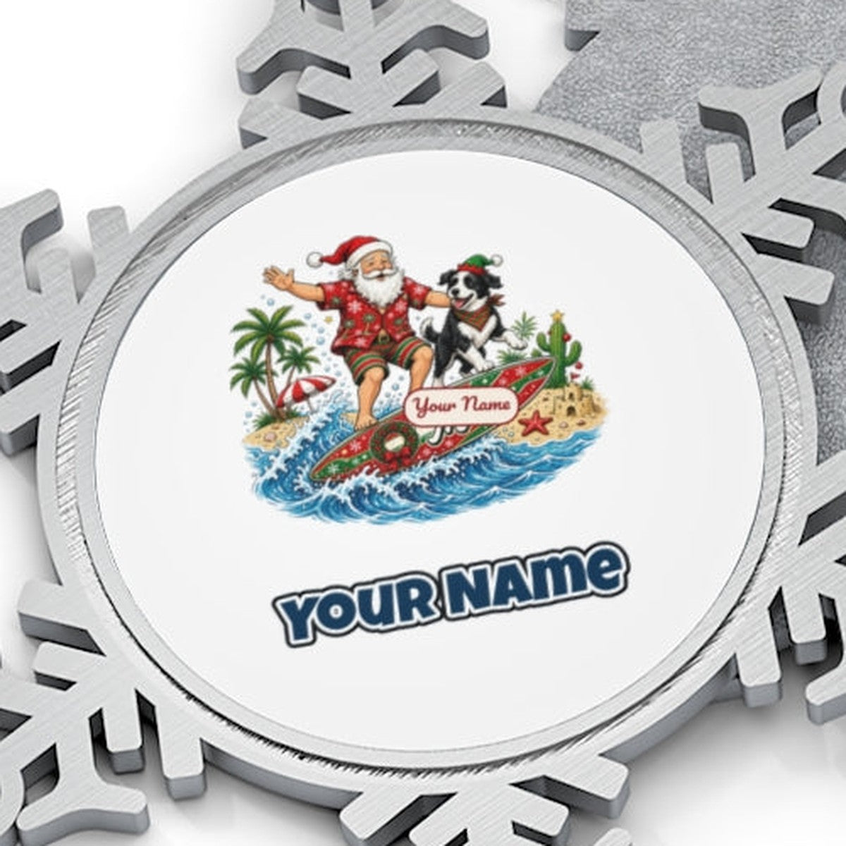 Santa and the Dog on Tour Personalised Pewter Christmas Ornament