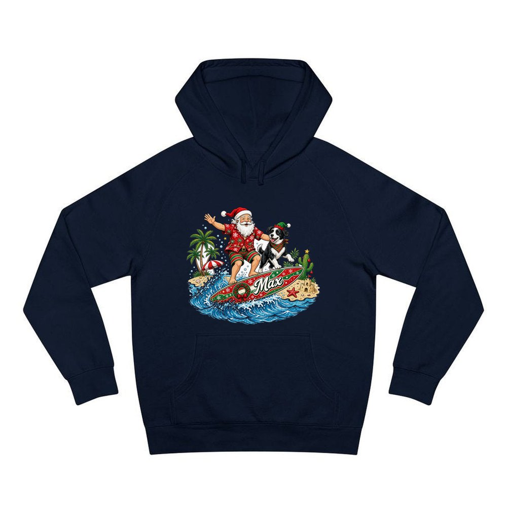 Santa and the Dog on Tour personalised Christmas hoodie in navy