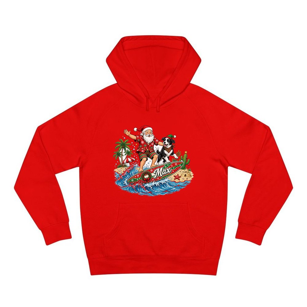 Santa and the Dog on Tour personalised Christmas hoodie in red