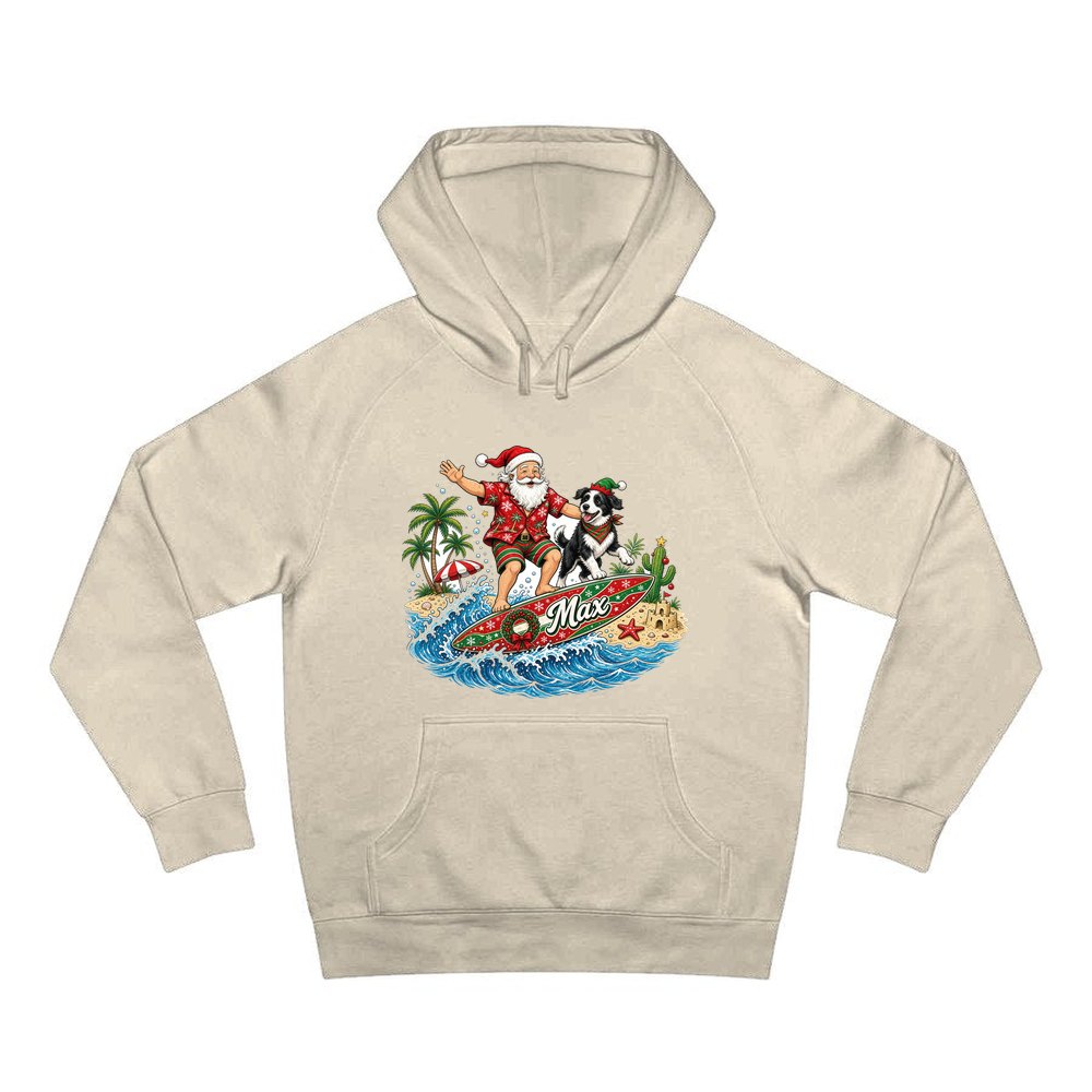 Santa and the Dog on Tour personalised Christmas hoodie in sand