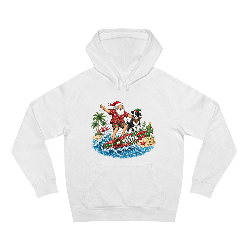 Santa and the Dog on Tour personalised Christmas hoodie in white