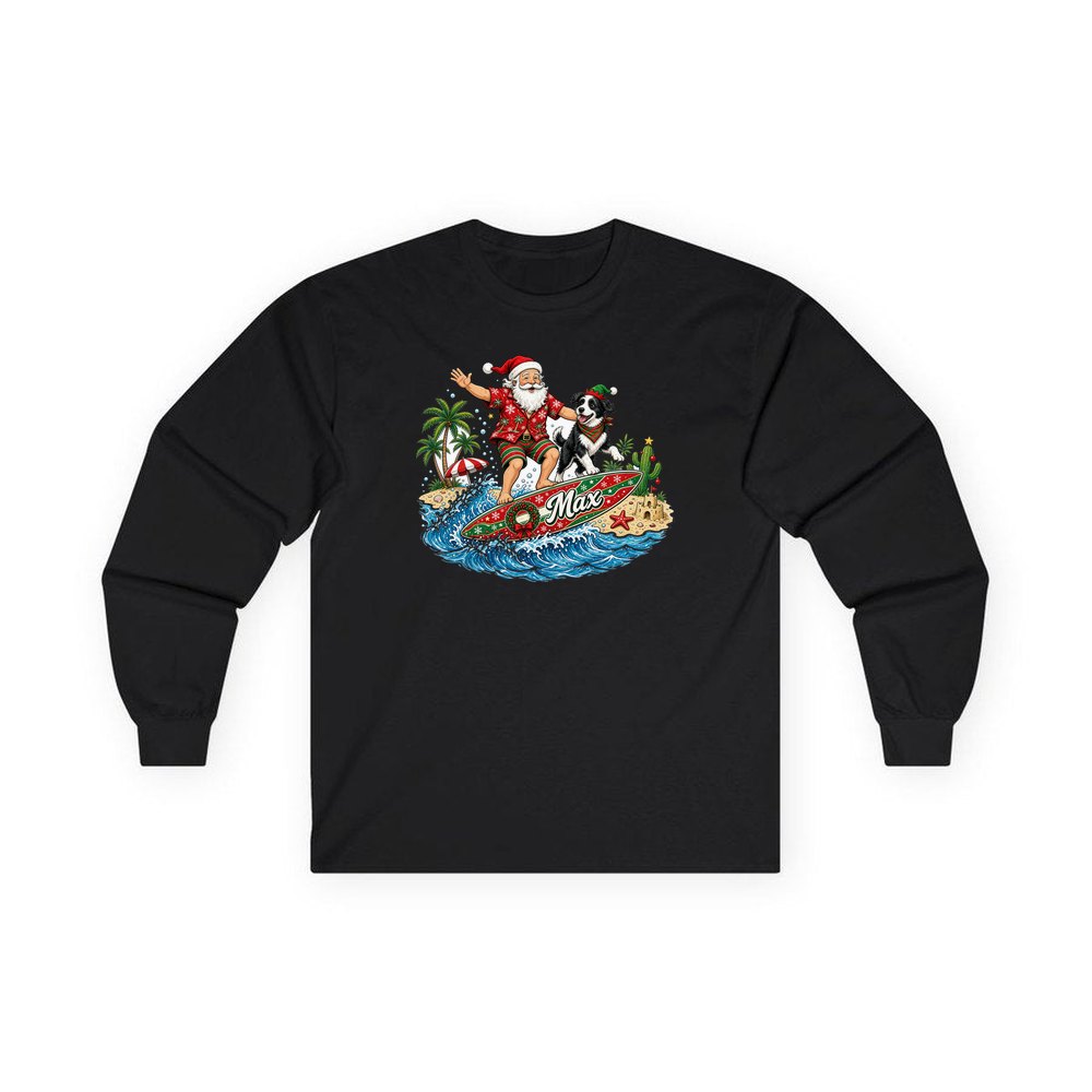 Santa and the Dog on Tour personalised long sleeve Christmas T-shirt in black