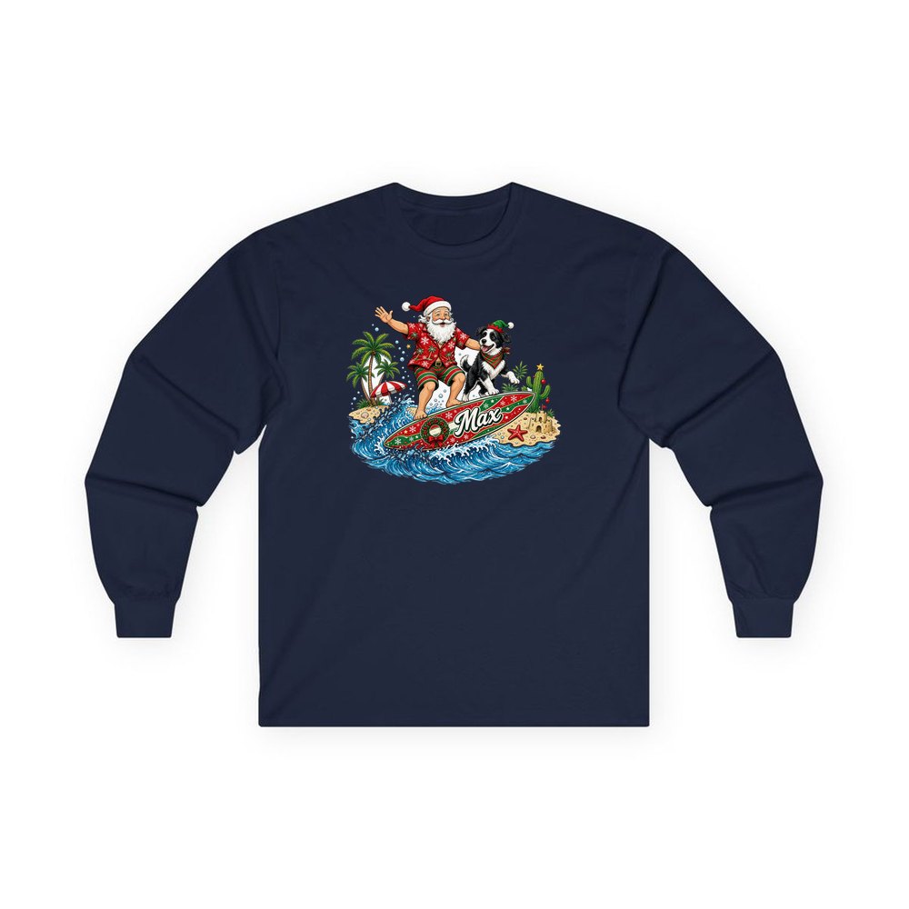 Santa and the Dog on Tour personalised long sleeve Christmas T-shirt in navy