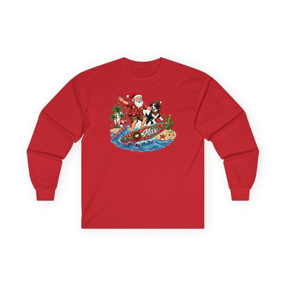Santa and the Dog on Tour personalised long sleeve Christmas T-shirt in red