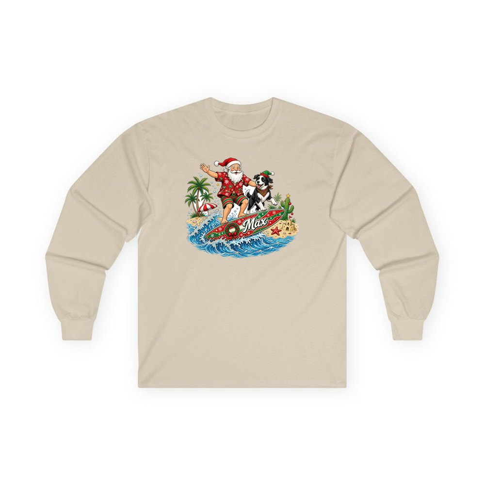 Santa and the Dog on Tour personalised long sleeve Christmas T-shirt in sand
