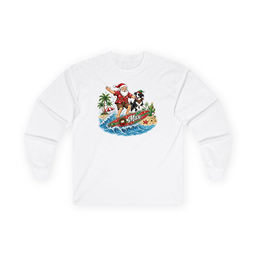 Santa and the Dog on Tour personalised long sleeve Christmas T-shirt in white