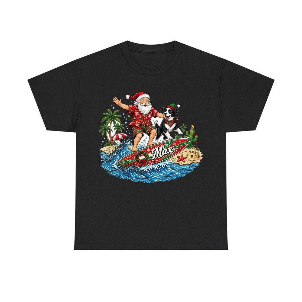 Santa and the Dog on Tour personalised Christmas T-shirt in black